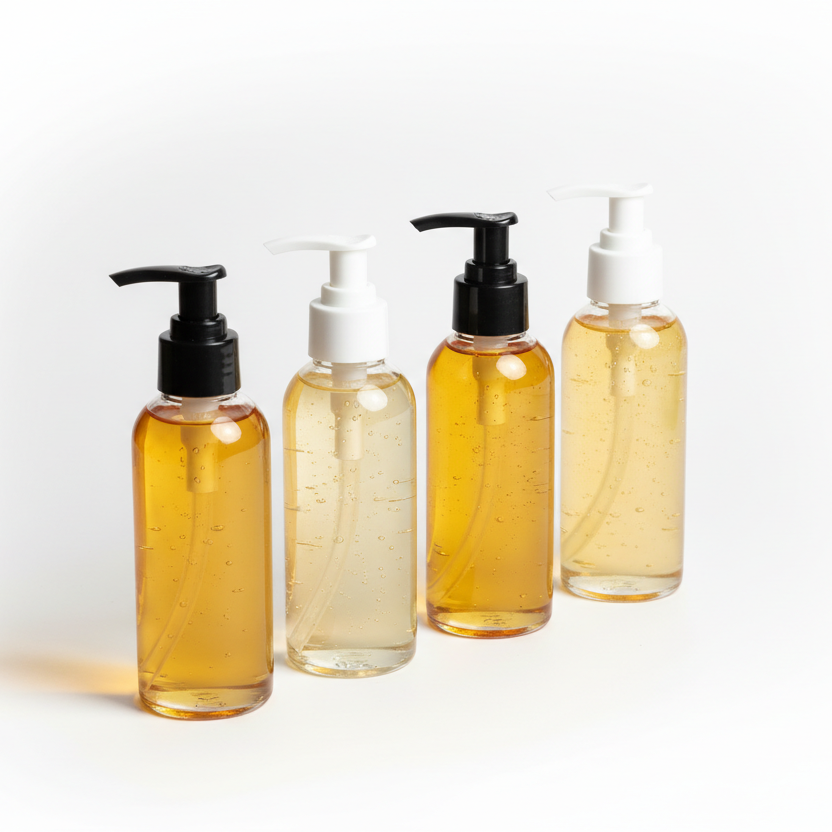 4oz body oil bottles with black and white pump top no label