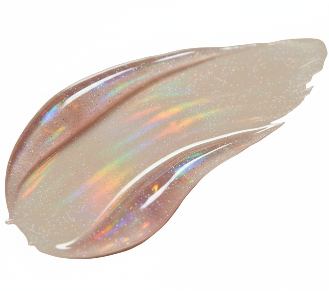 iridescent clear lip gloss swipe on neutral background