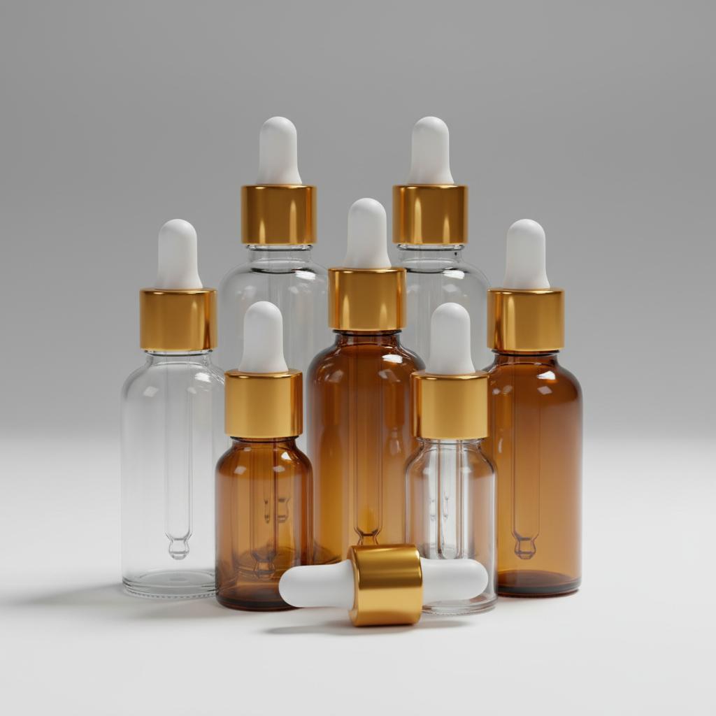 plain bottle with gold dropper tops