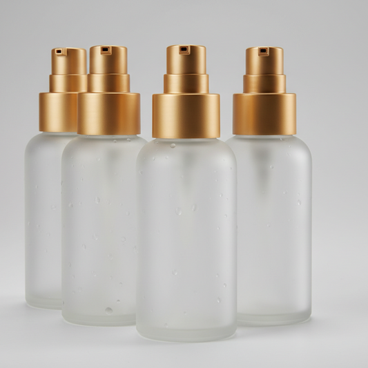 4oz frosted clear glass bottles with matte gold treatment pump
